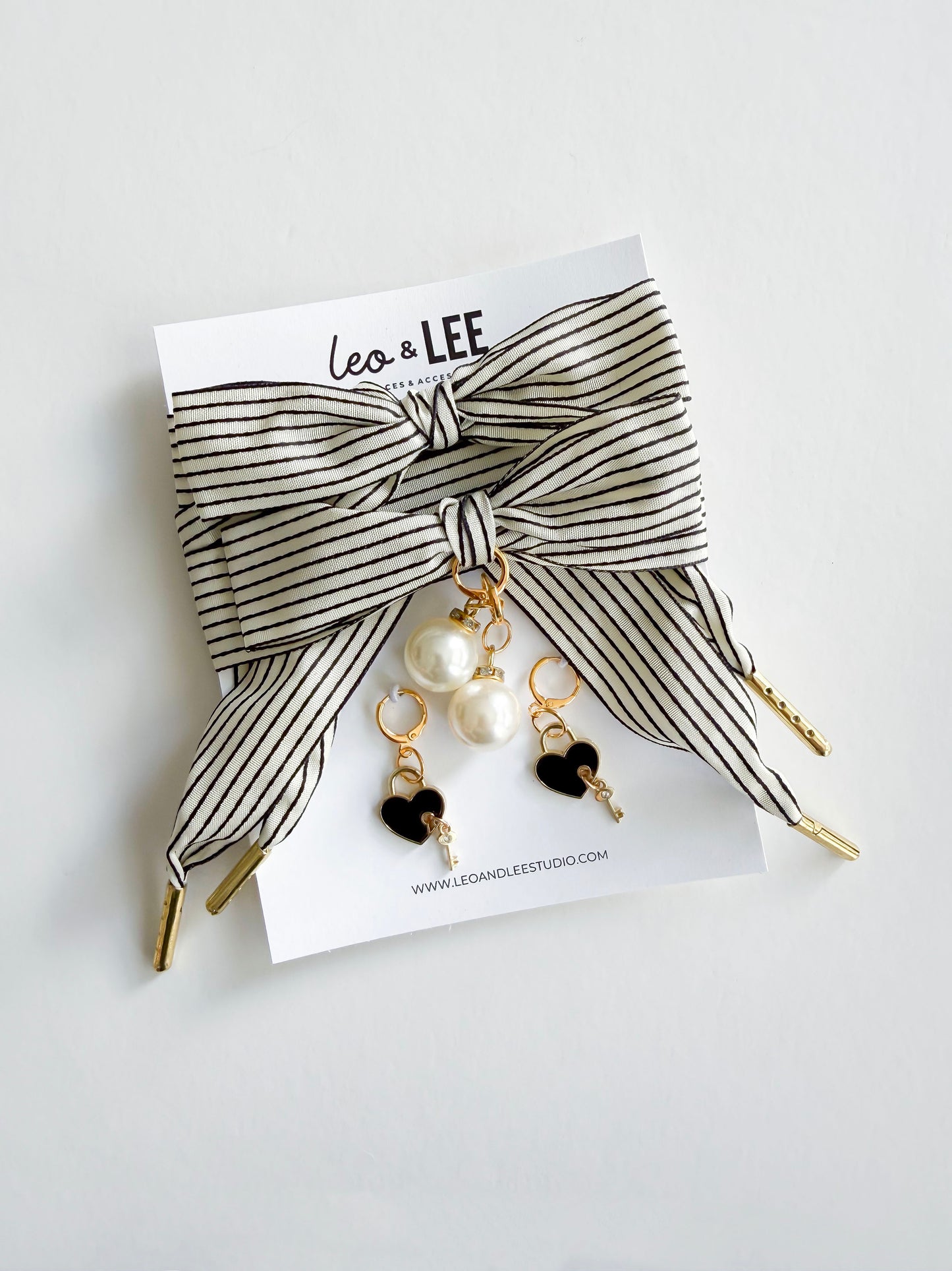 Heritage Striped Bow Lace Charm Set – Pearl & Heart Key Shoe Charms| Black