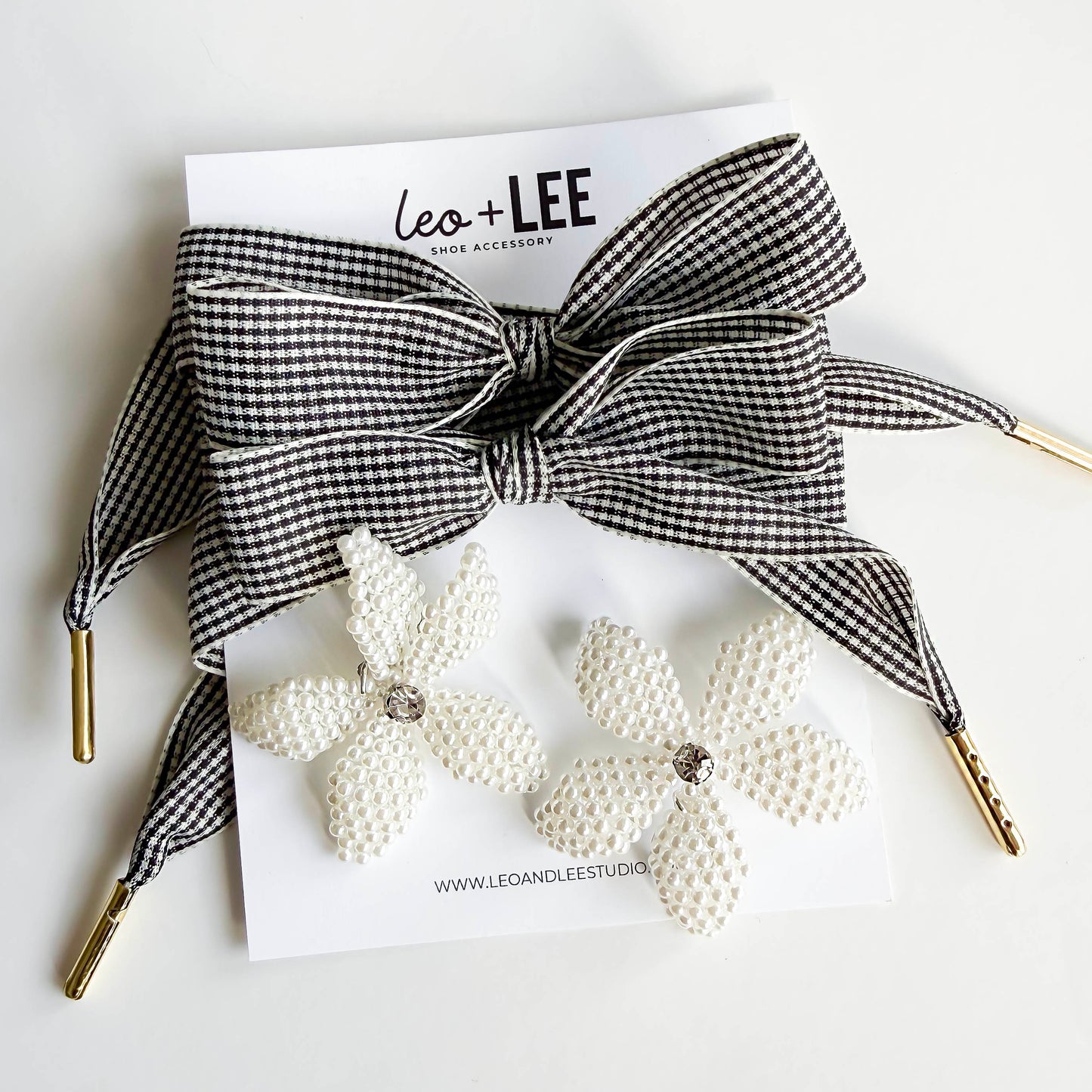 Black Houndstooth Shoelaces with Pearl Flower Charms – Chic & Elevated