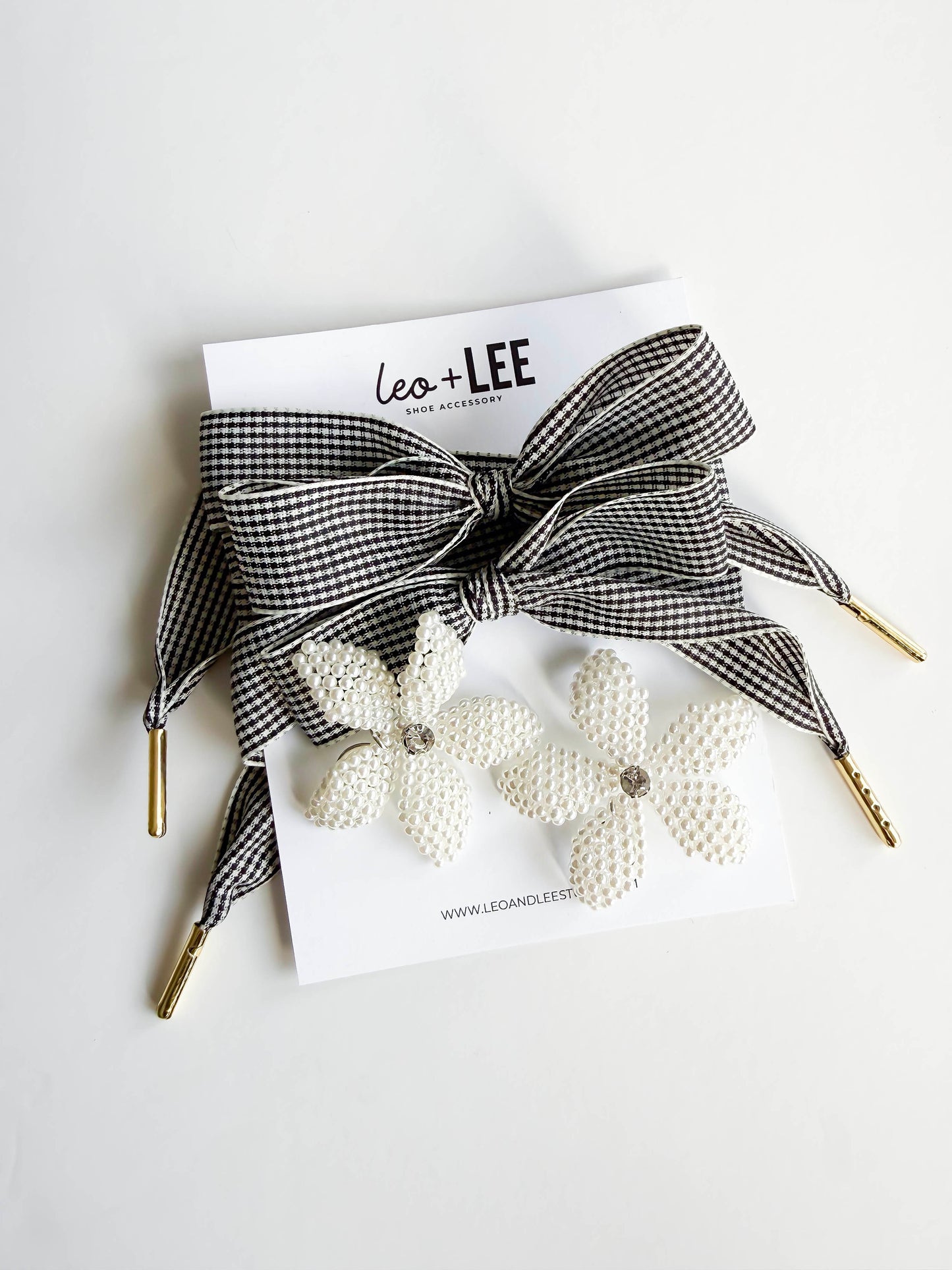 Black Houndstooth Shoelaces with Pearl Flower Charms – Chic & Elevated