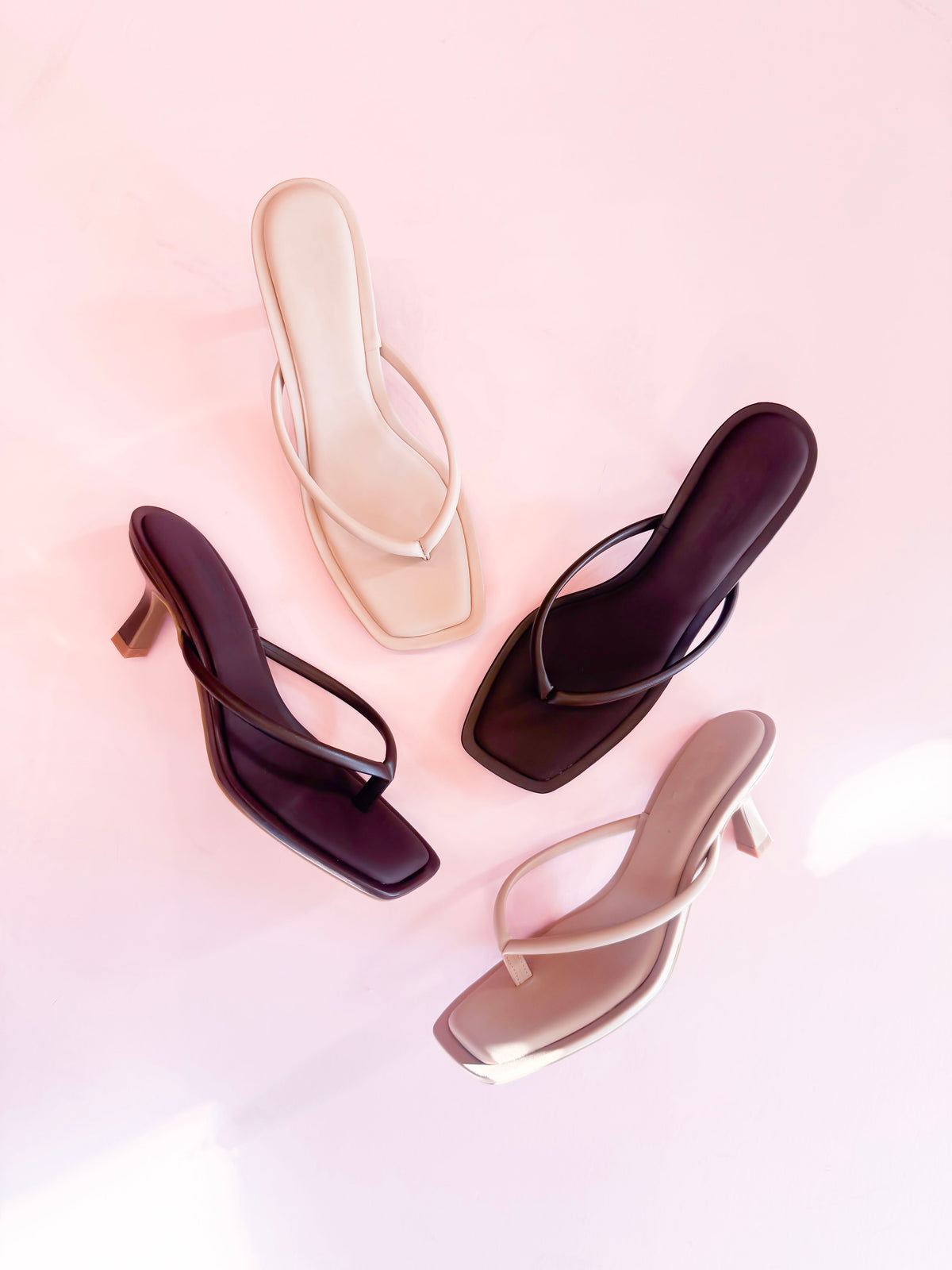 Women's square toe thong kitten heel sandals in nude and chocolate brown by Leo & Lee.