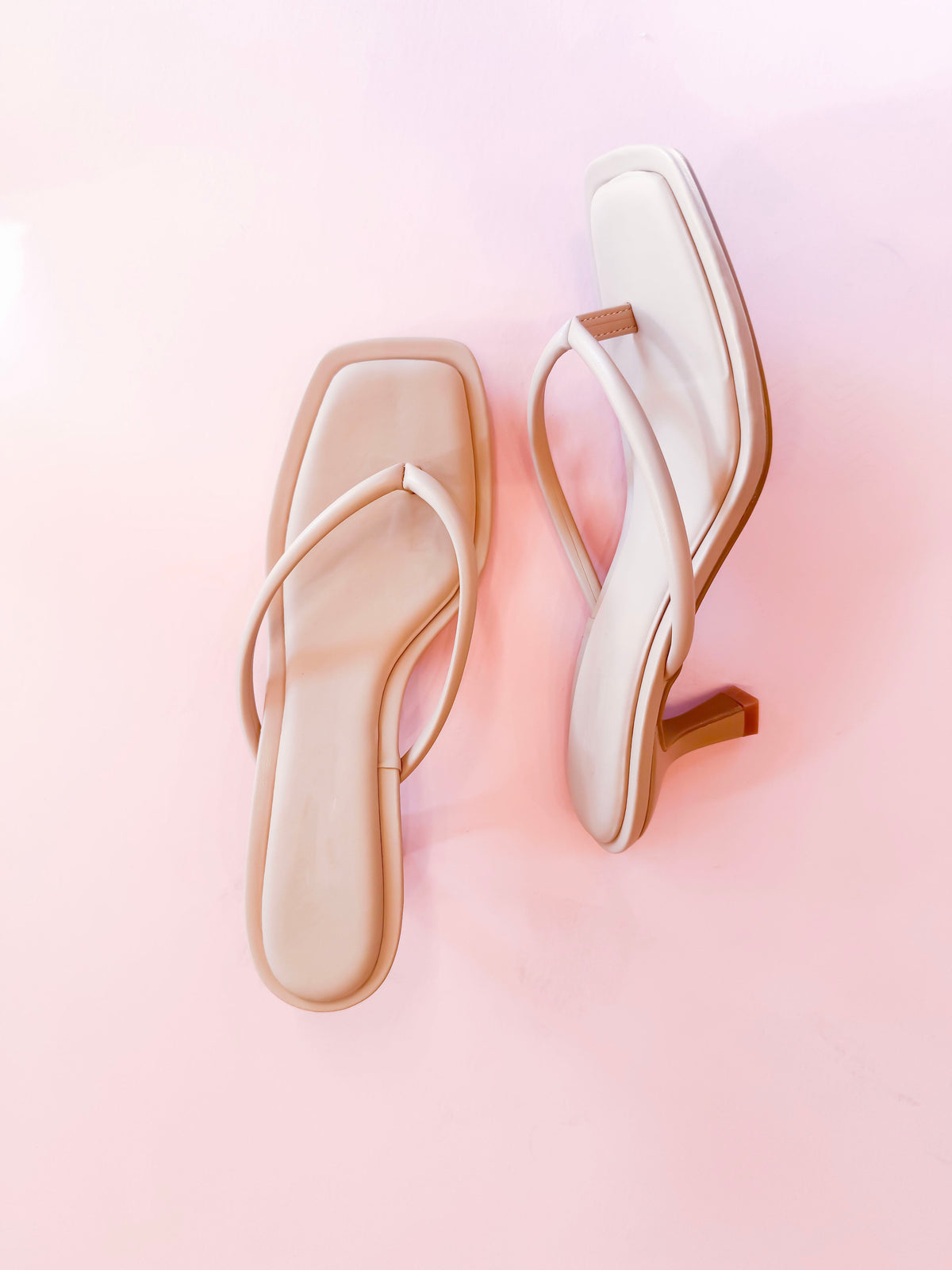 Women's square toe thong kitten heel sandals in nude and chocolate brown by Leo & Lee.