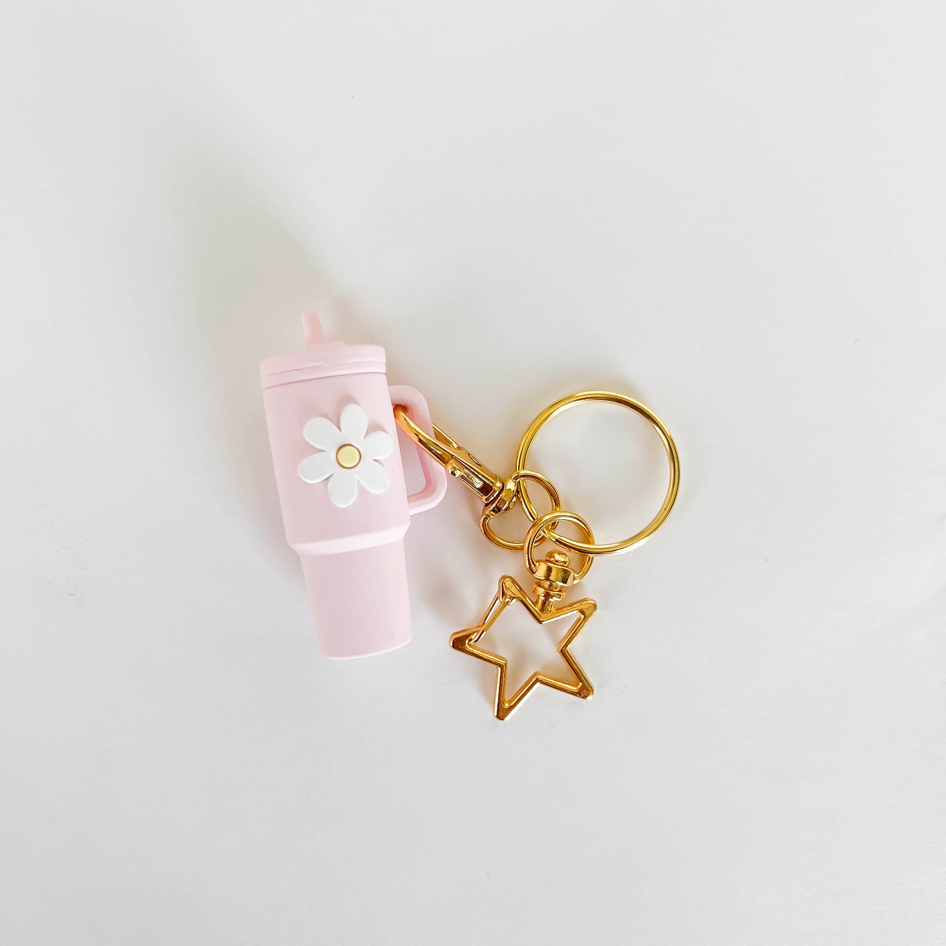 Baby pink mini Stanley cup keychain with flower charm and gold star keyring