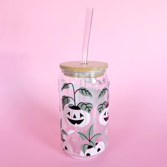 Pink Pumpkin Glass Tumbler with Bamboo Lid and Reusable Straw.