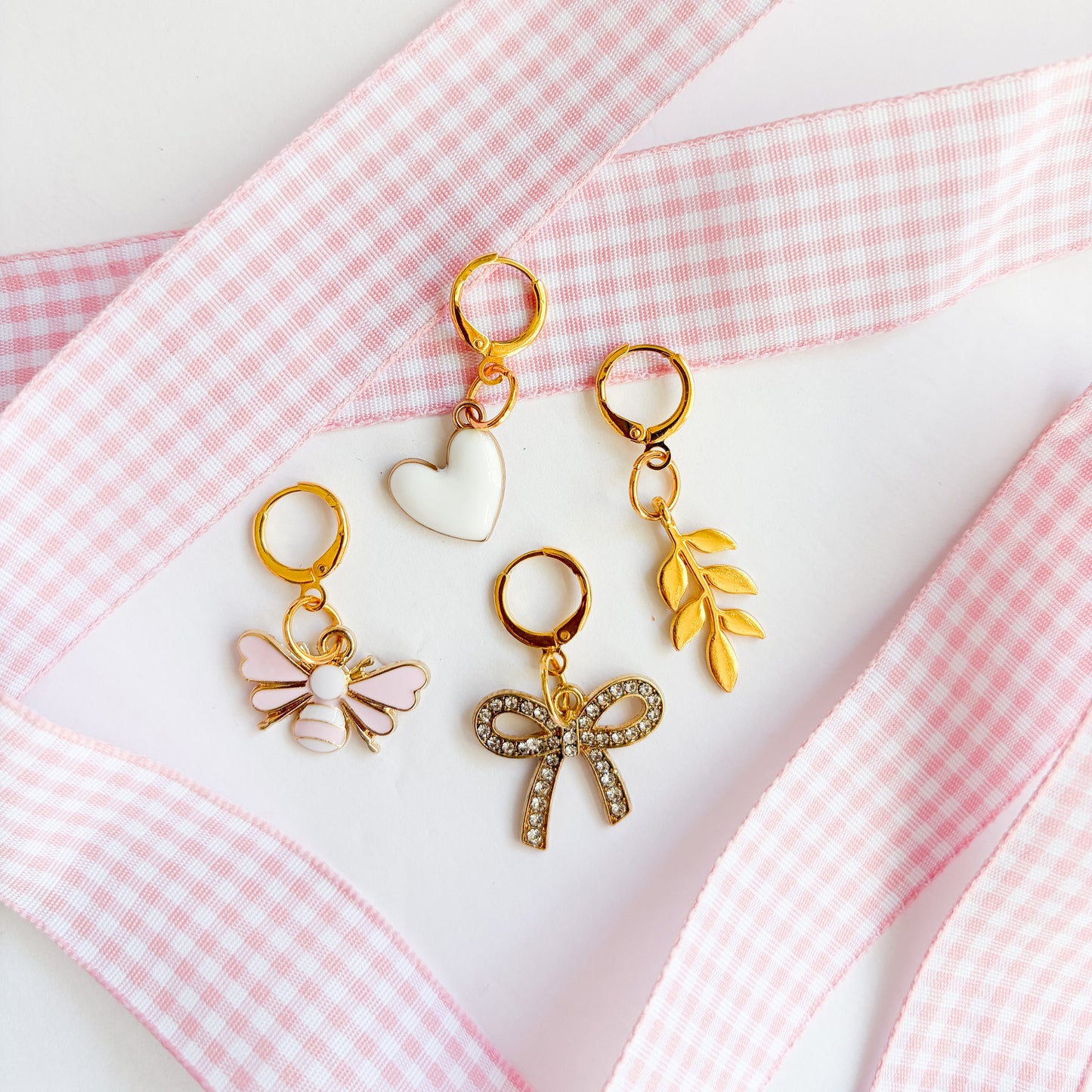 Pink Gingham Sneaker Charm Set - Heart, Fern, Bow & Pink Bee