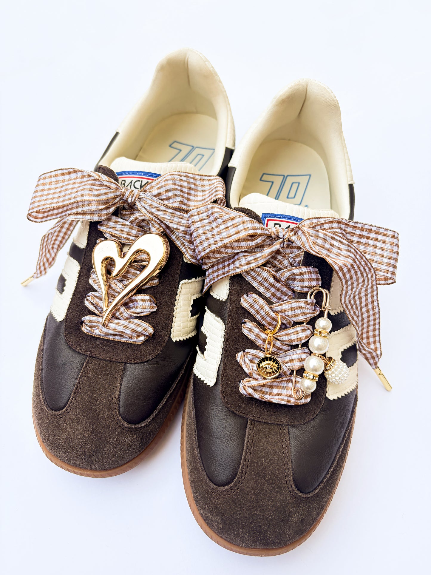 Beige Gingham Shoelaces with Pearl Pin, Heart & Evil Eye | Shoe Charm Set