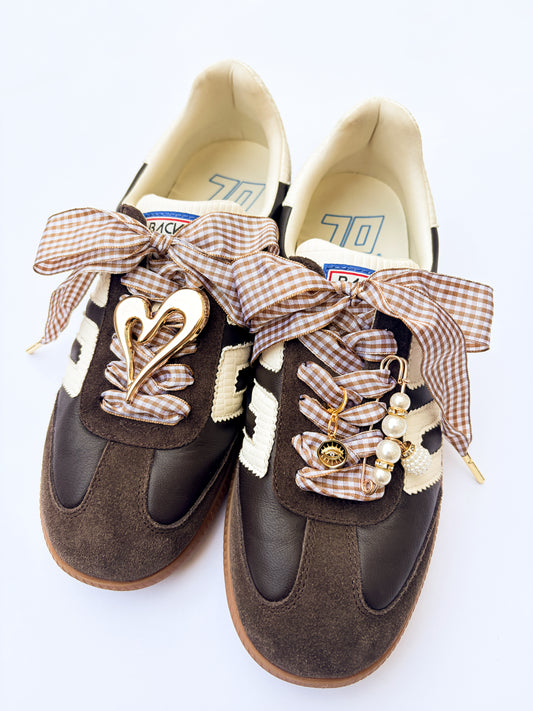 Beige Gingham Shoelaces with Pearl Pin, Heart & Evil Eye | Shoe Charm Set