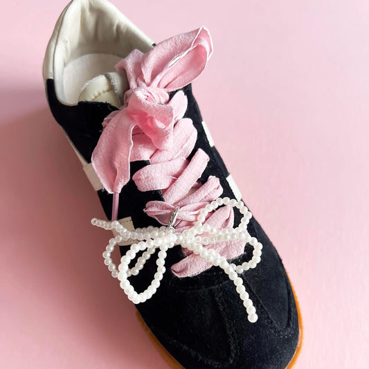 Pink Ribbon & Pearl Bow Lace Charm Set – Elegant Sneaker Accessories for Custom Shoe Decoration"