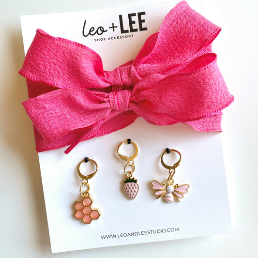 Charming Pink Ribbon and Pearl Shoe Charm Set – Strawberry, Bee, and Flower Sneaker Accessories by Leo + Lee